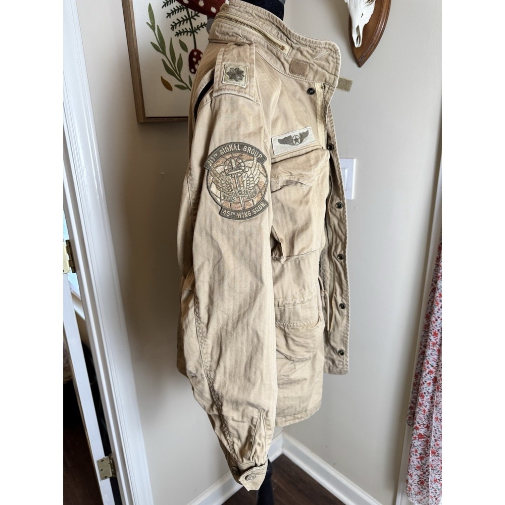 Polo Ralph Lauren Military Field Jacket Tan Khaki Herringbone Twill Patches L - Picture 5 of 16